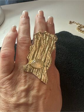 Gold Textured Artisan Statement Ring with Clear Teardrop Accent